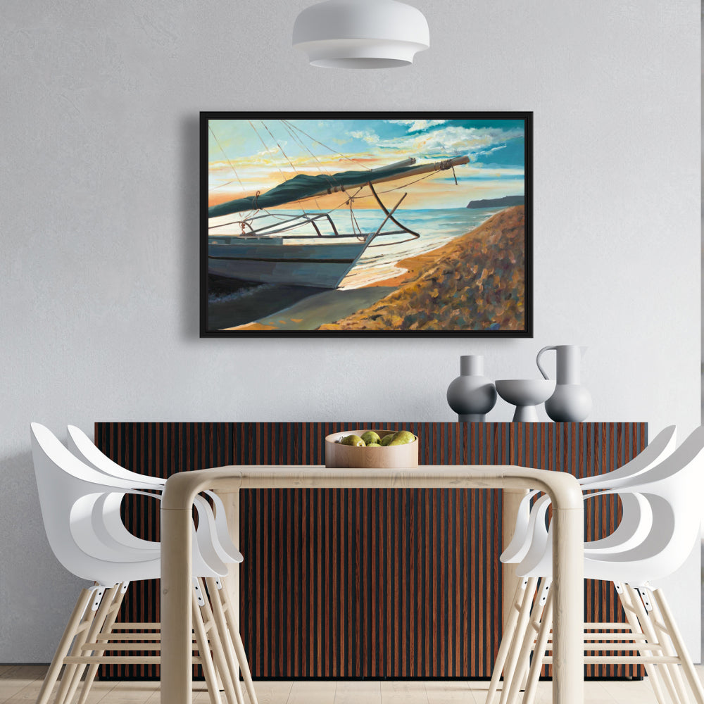 Décoration de salle de bain sur toile encadrée représentant un bateau côtier paisible