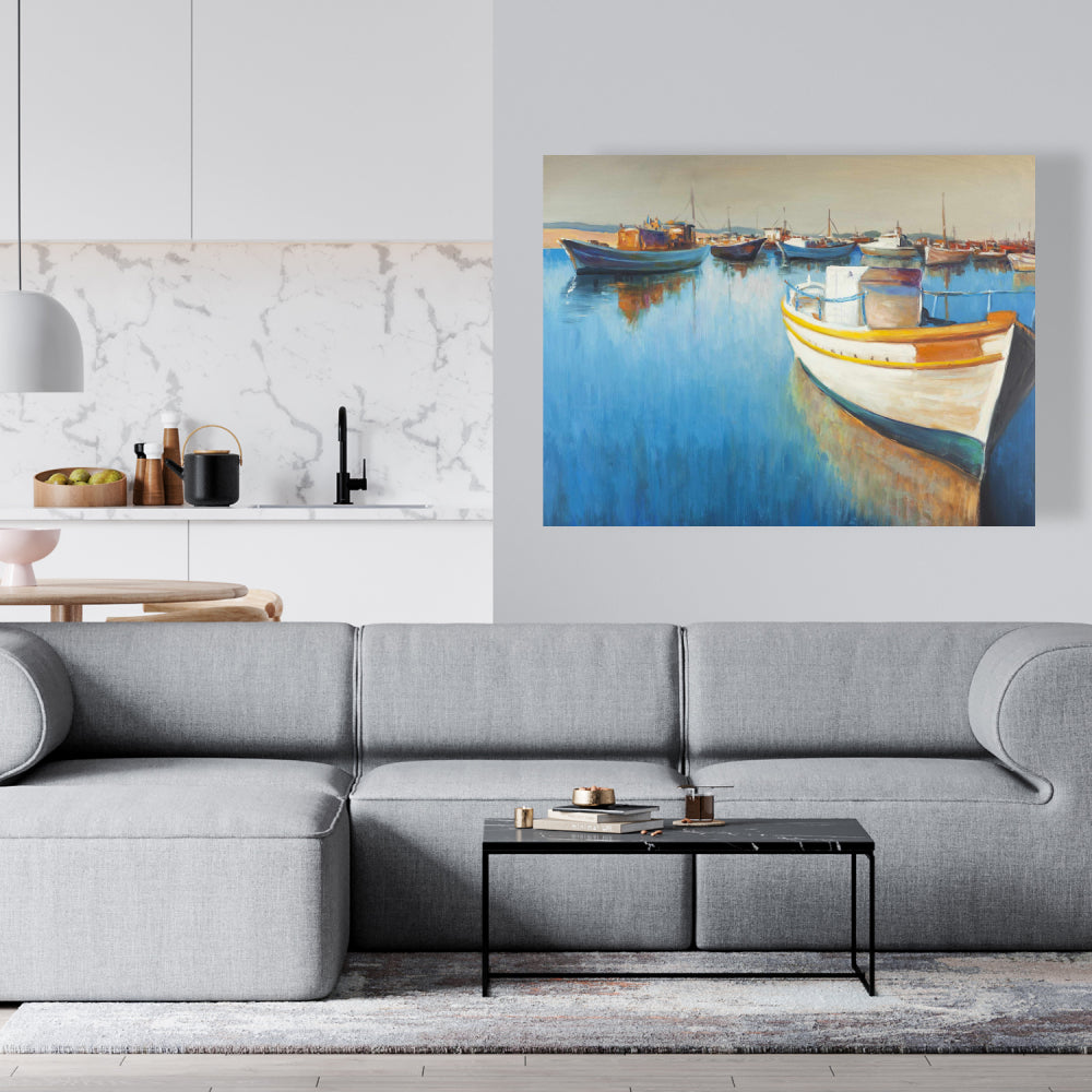 Toile « Bateaux de pêche à la marina » – Décoration d'intérieur encadrée bleue