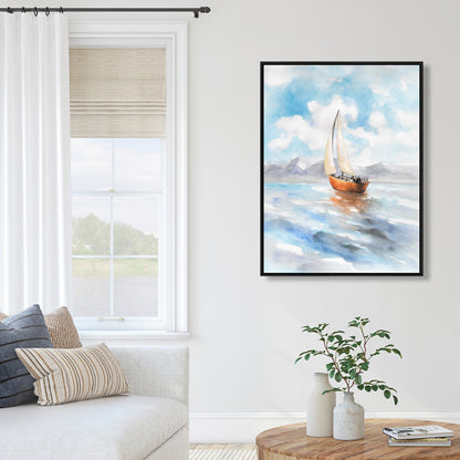 Blue Coastal Bedroom Framed Canvas | Sailboat Landscape Decor