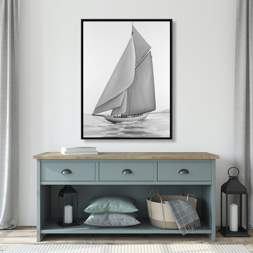 Toile vintage avec voilier | Cadre blanc monochrome