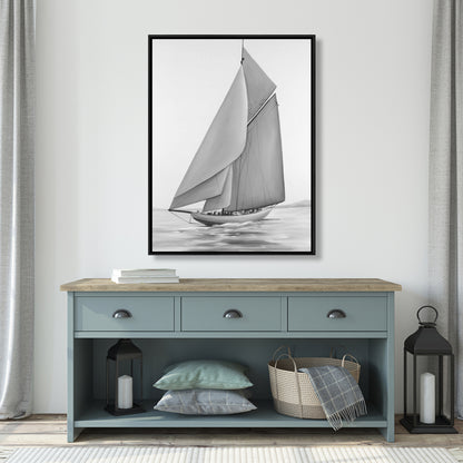Toile vintage avec voilier | Cadre blanc monochrome