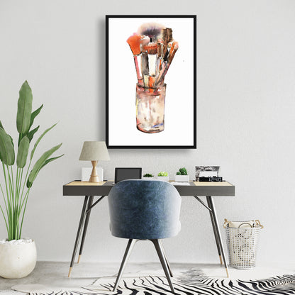 Ensemble de pinceaux de maquillage sur toile encadrée marron | Décoration d'intérieur