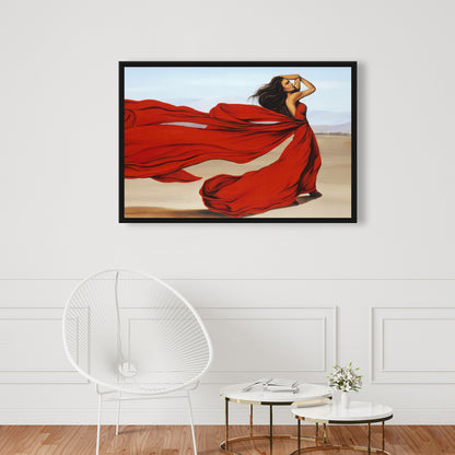 Beach Fashion Bedroom Framed Canvas - Woman in Red Dress Decor