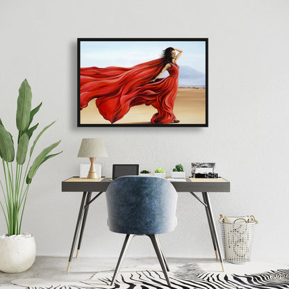 Red Dress in Desert | Blue Fashion Beach Canvas for Home Decor