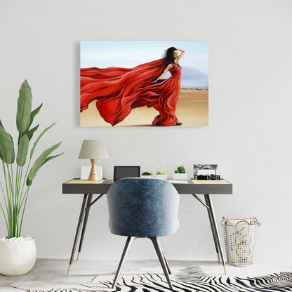 Red Dress in Desert - Blue Contemporary Beach Canvas Decor