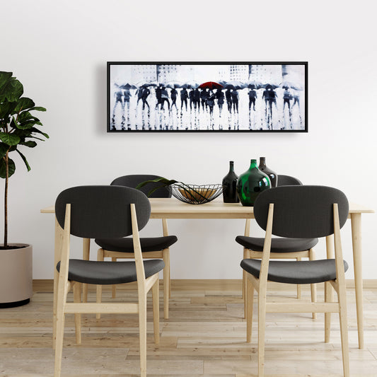 Silhouettes Walking in Rain - Blue Bedroom Framed Canvas Decor