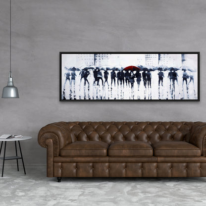 Silhouettes Walking in Rain - Blue Bedroom Framed Canvas Decor