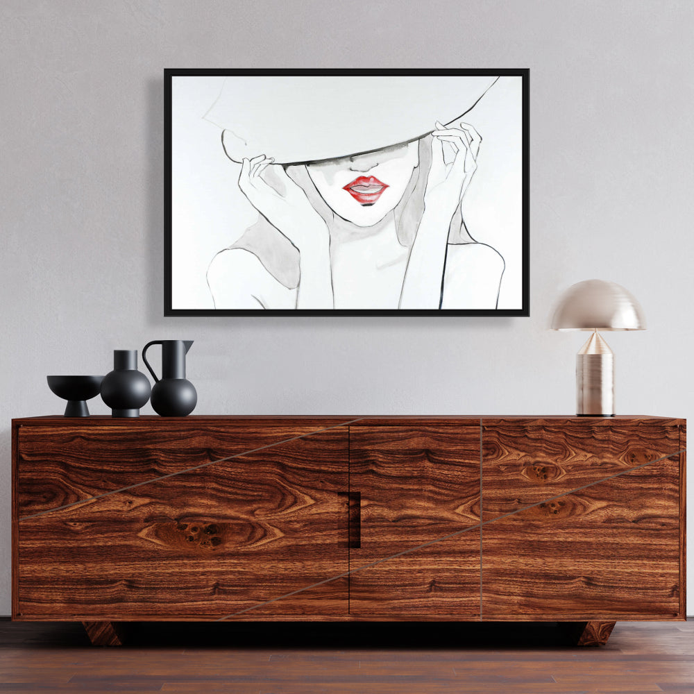 Beauty Bedroom Decor - Gray Framed Canvas Woman with Big Hat
