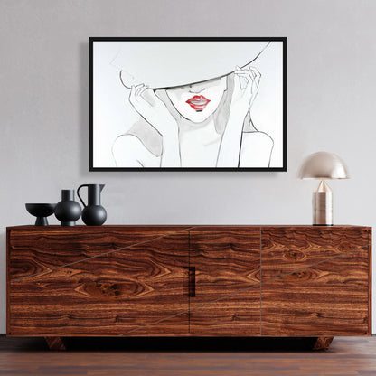 Beauty Bedroom Decor - Gray Framed Canvas Woman with Big Hat
