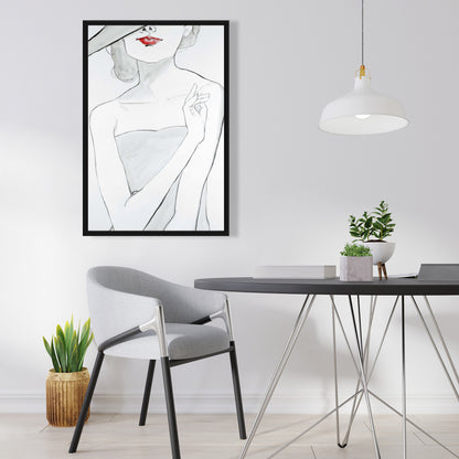 Gray Romantic Bedroom Canvas - Woman with Hat Framed Decor