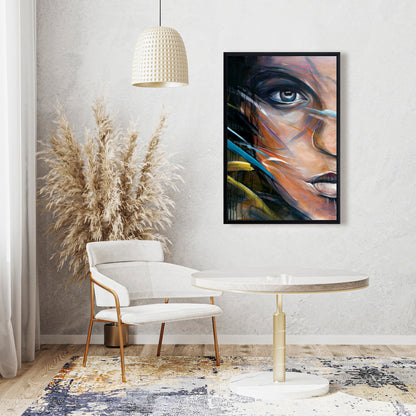 Toile colorée représentant un visage de femme | Décoration encadrée « Beauté bleue »