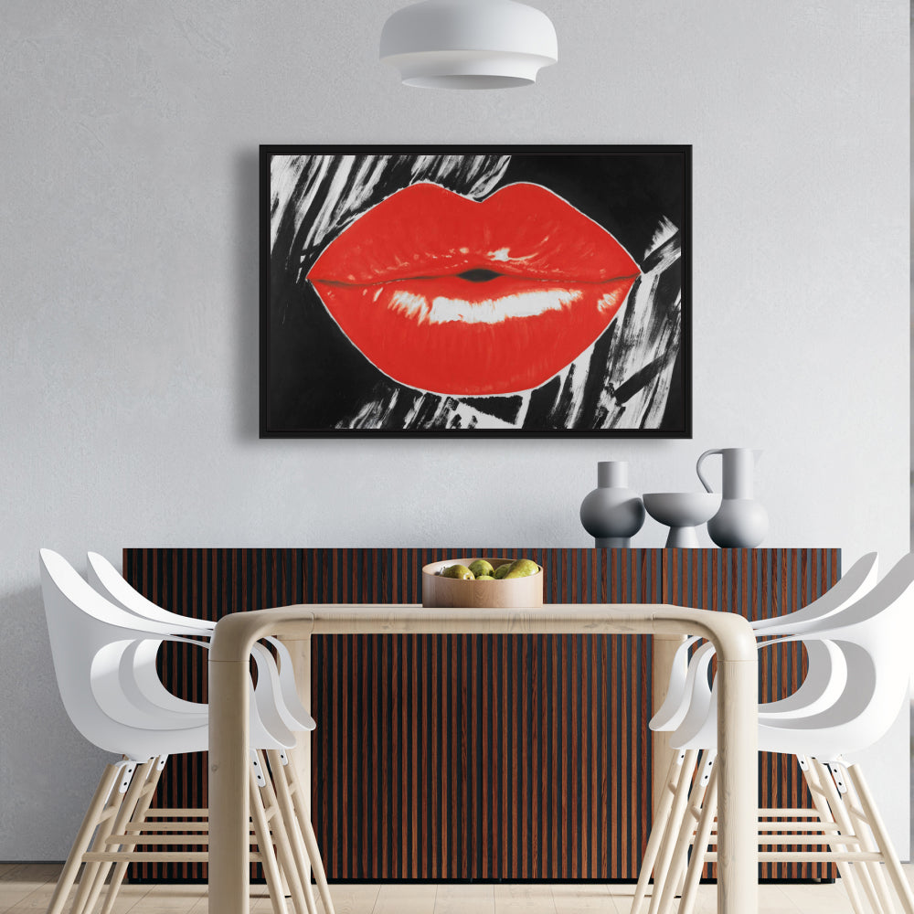 Pouty Glossy Lips - Black Retro Framed Canvas | Home Decor