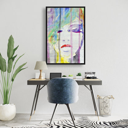 Portrait abstrait et coloré | Toile encadrée grise | Décoration d'intérieur