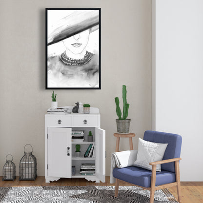 Toile encadrée monochrome blanche – Femme mystérieuse au chapeau