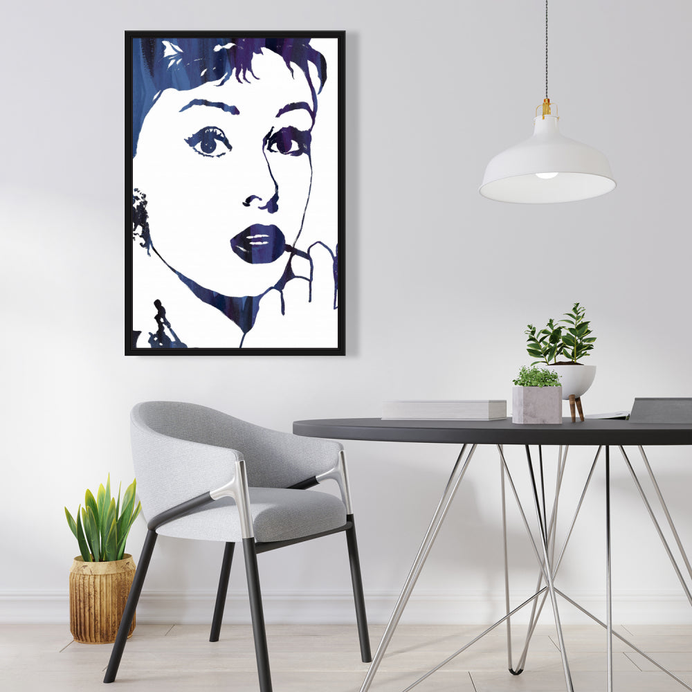Blue Figurative Bedroom Framed Canvas - Audrey Hepburn Decor