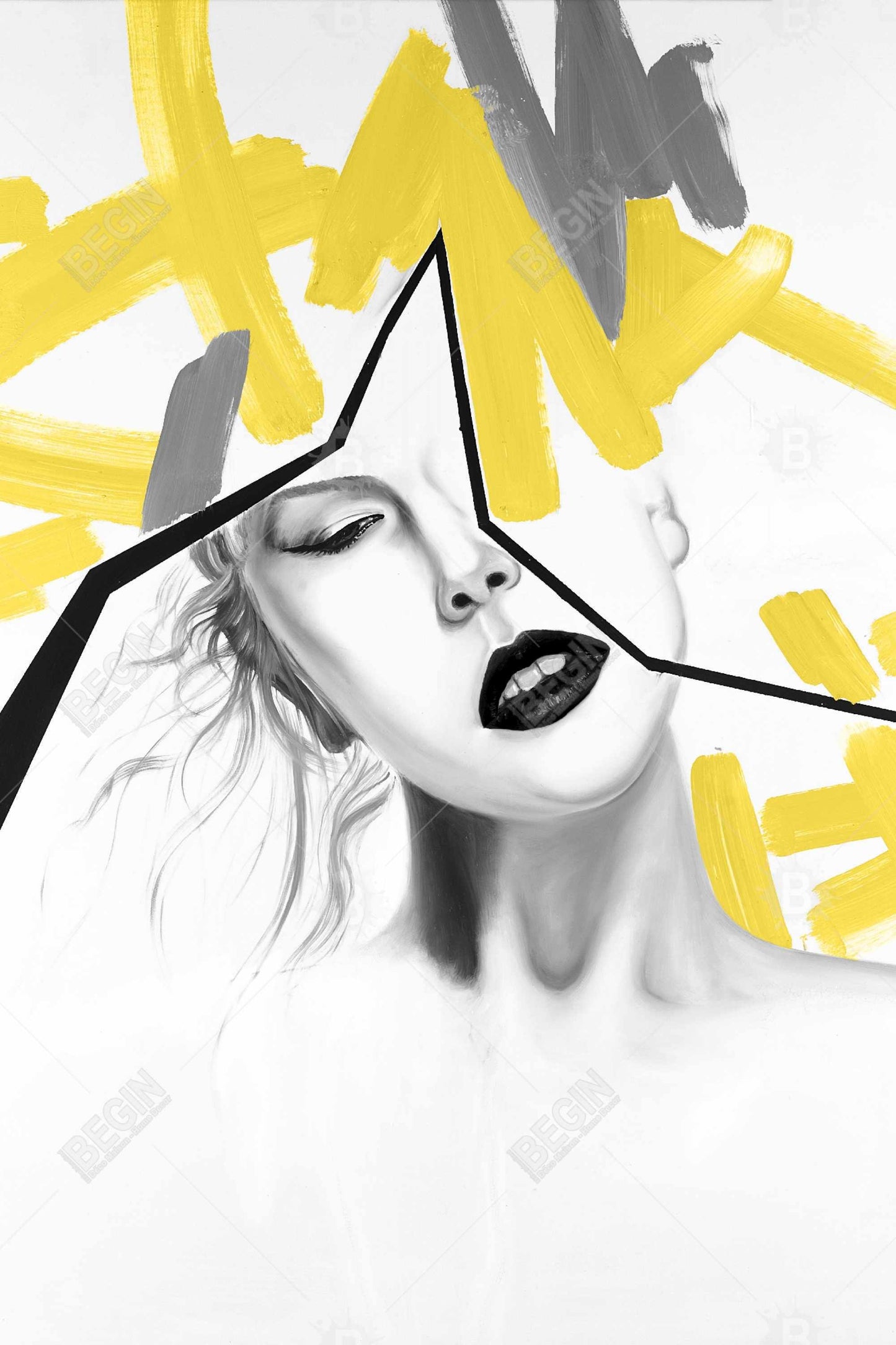 Figurative Gray Beauty Canvas - Woman with Yellow Line Decor