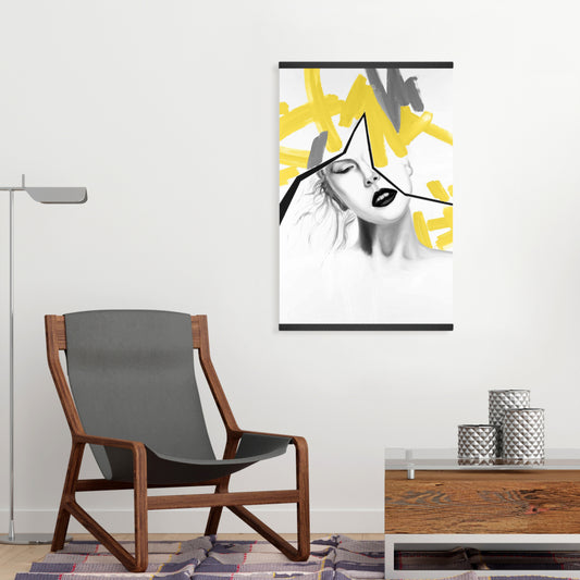 Figurative Gray Beauty Canvas - Woman with Yellow Line Decor