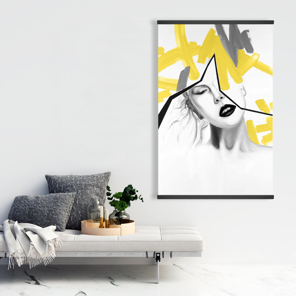 Figurative Gray Beauty Canvas - Woman with Yellow Line Decor