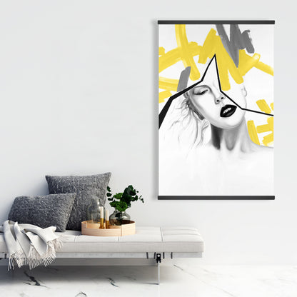 Figurative Gray Beauty Canvas - Woman with Yellow Line Decor