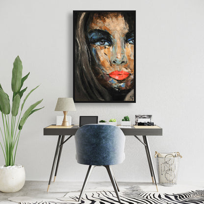 Portrait abstrait coloré sur toile – Décoration de chambre encadrée bleue