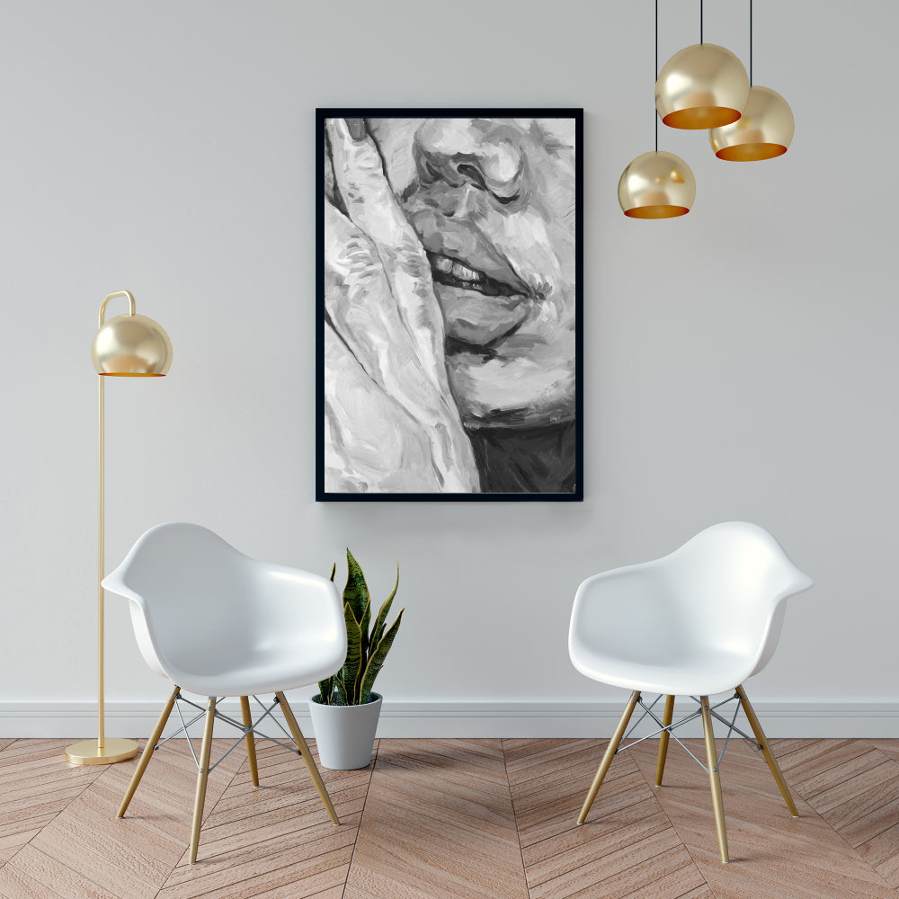 Toile monochrome grise « Lèvres pulpeuses » | Décoration de chambre
