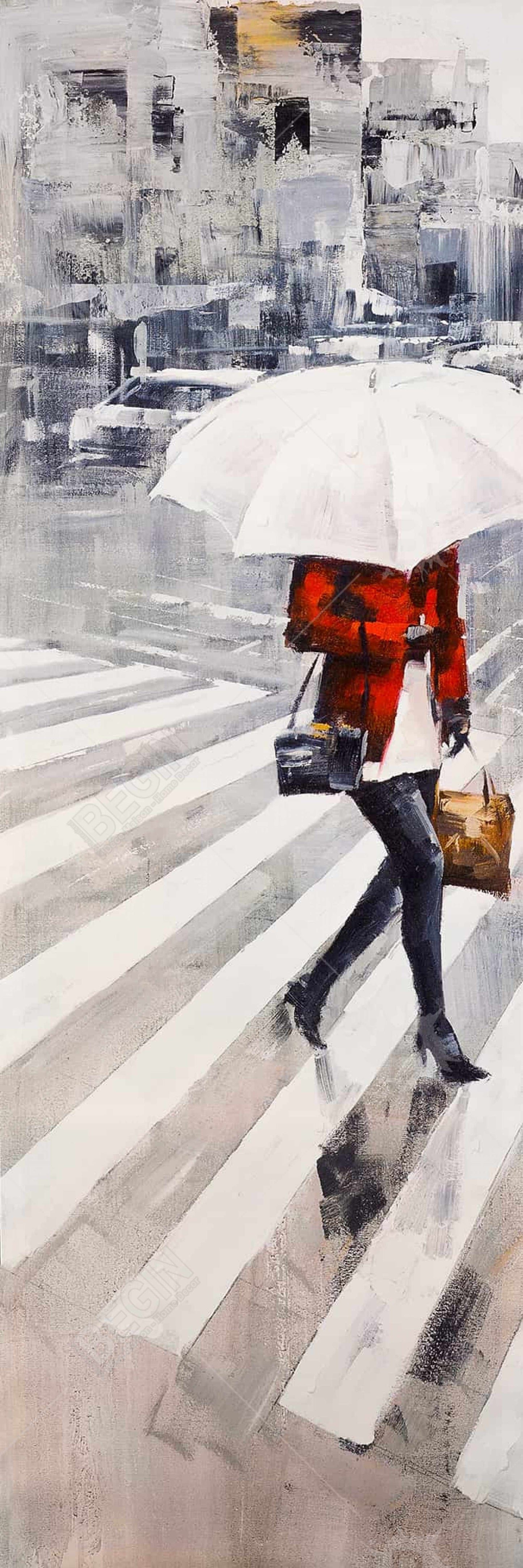 Toile encadrée « Femme marchant avec un parapluie » | Art de rue moderne