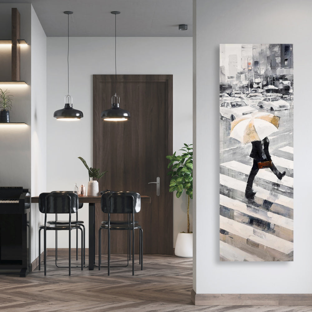 Modern Man Walking with Umbrella Gray Canvas | Home Decor