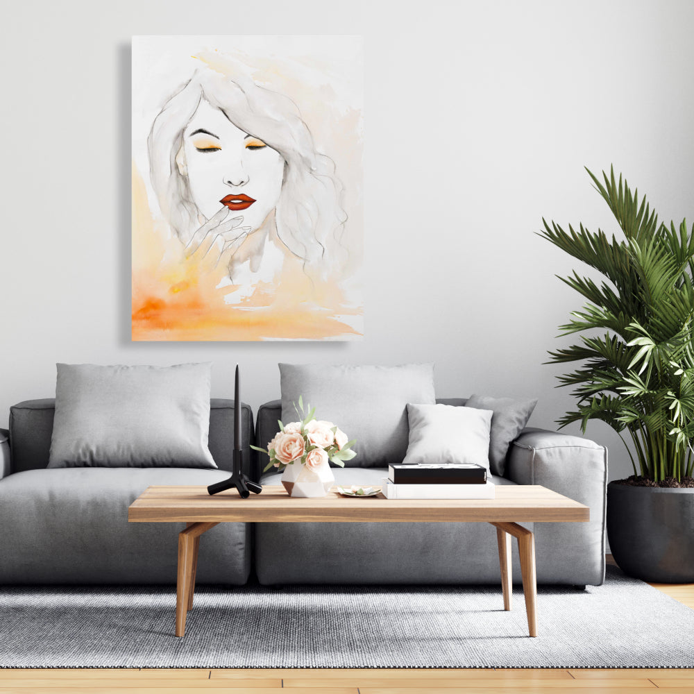 Décoration de chambre beauté | Portrait sur toile orange à l'aquarelle