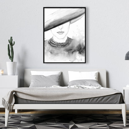 Toile encadrée monochrome blanche – Femme mystérieuse au chapeau