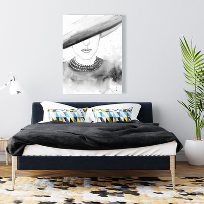 Toile « Femme mystérieuse au chapeau » : Décoration murale élégante pour chambre à coucher