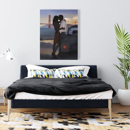Blue Bedroom Bridge Canvas | Loving Couple San Francisco Art