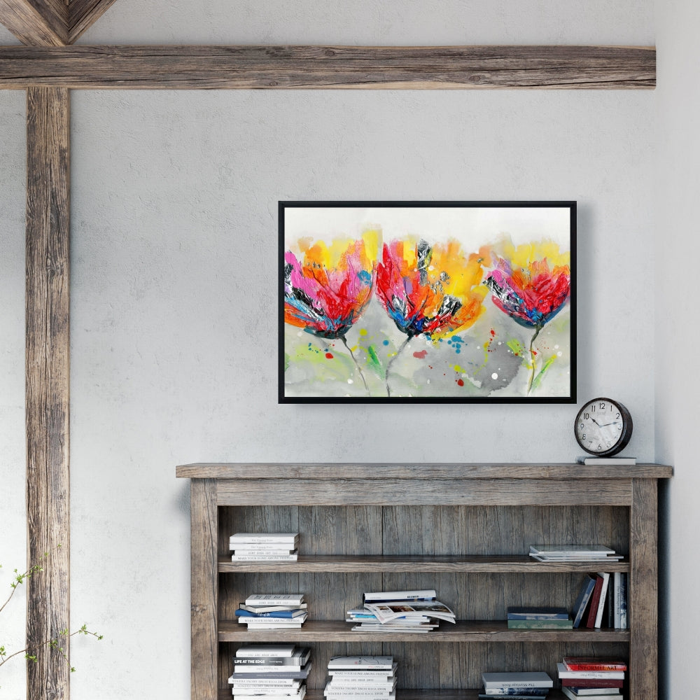Quatre fleurs colorées sur fond gris | Décoration florale botanique sur toile