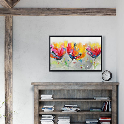 Quatre fleurs colorées sur fond gris | Décoration florale botanique sur toile