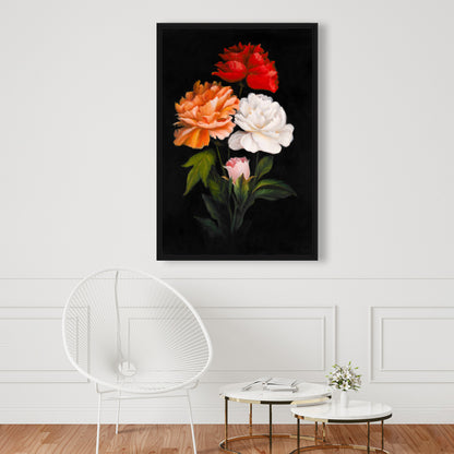 Toile encadrée noire pour chambre à coucher | Décoration florale à trois roses