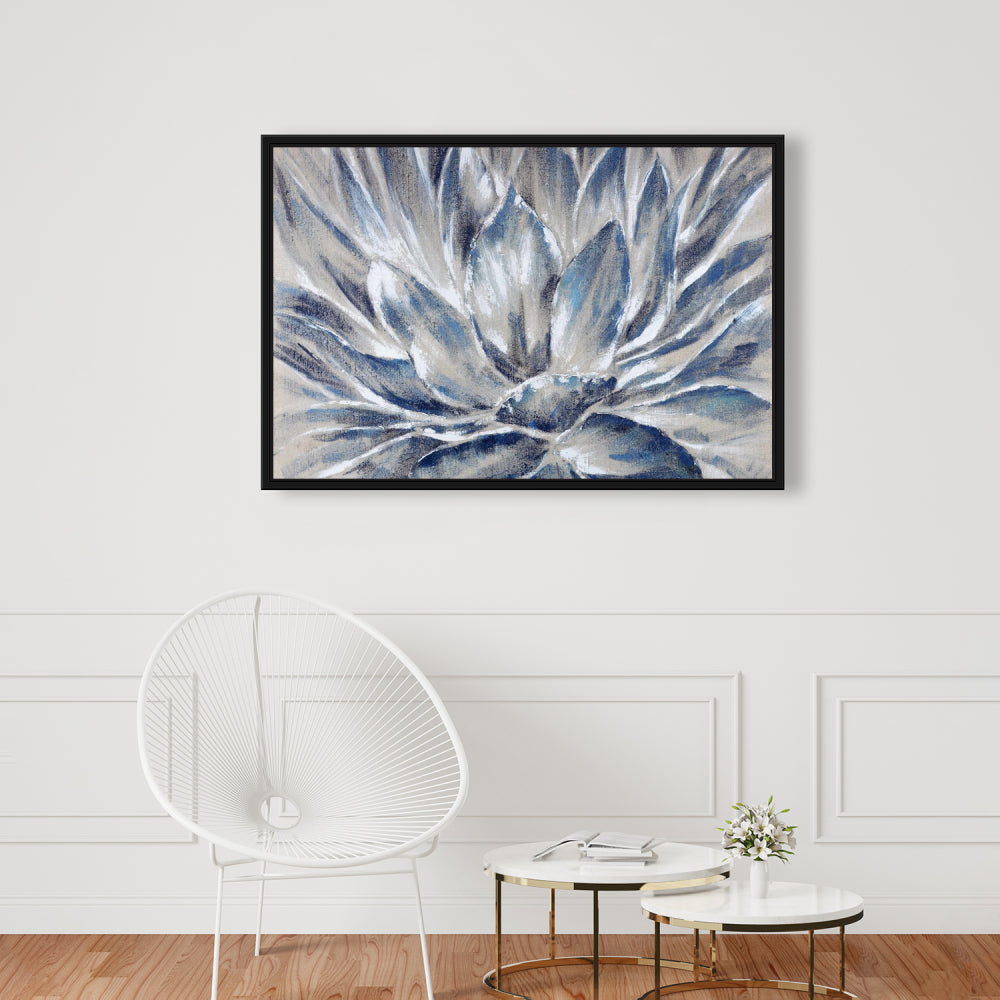 Toile encadrée à fleurs bleues et grises | Décoration botanique pour chambre