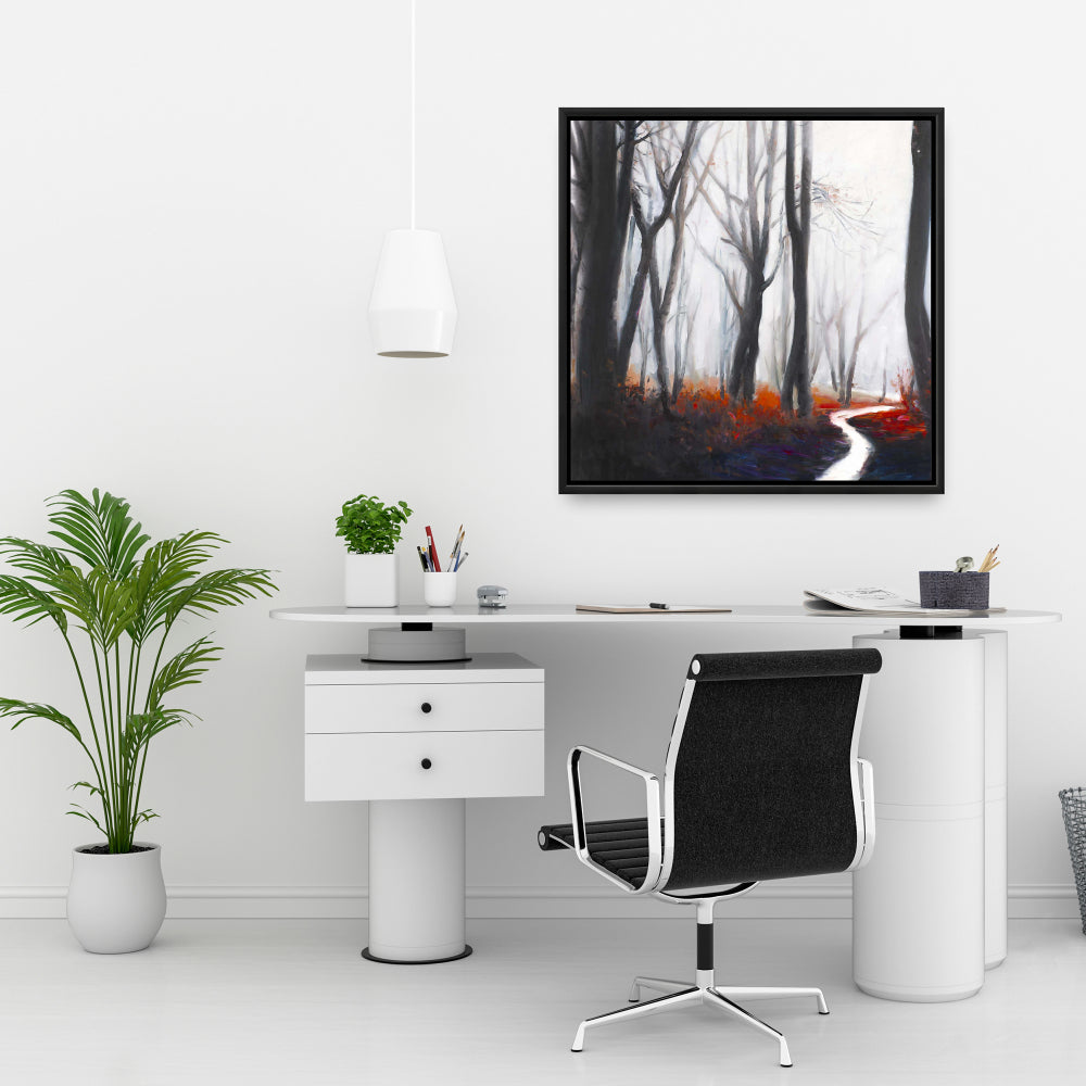 Mysterious Forest Stream Canvas | Gray Framed Trees Bedroom Decor