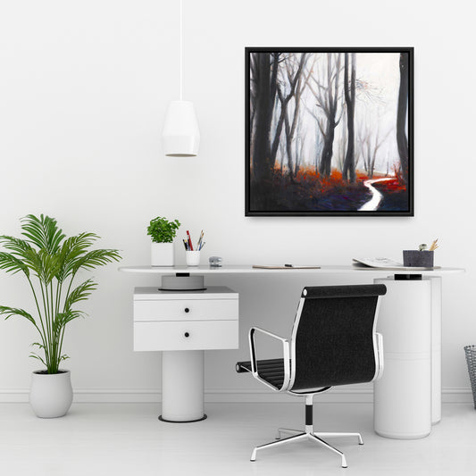 Toile « Ruisseau de forêt mystérieuse » | Décoration de chambre avec arbres encadrés gris