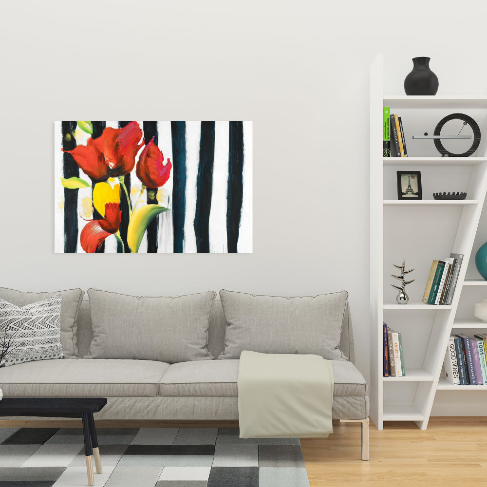 Red Flowers on Stripes Canvas - Botanical Fashion Home Decor