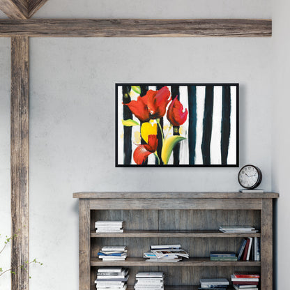 Toile à rayures et fleurs rouges | Décoration de chambre tendance bleue