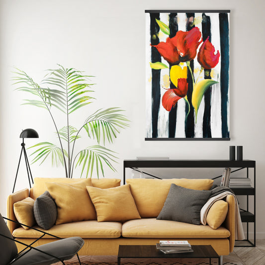 Red Flowers on Stripes Botanical Bedroom Canvas | Home Decor