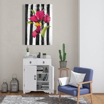 Botanical White Floral Canvas - Flowers on Black & White Stripes
