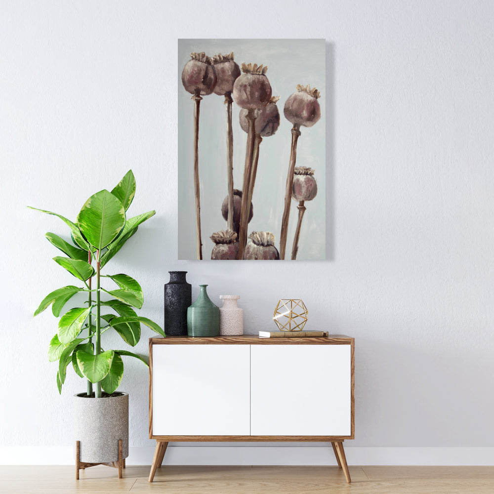 Sepia Poppy Head Canvas - Illustrative Floral Home Decor