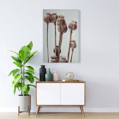 Sepia Poppy Head Canvas - Illustrative Floral Home Decor