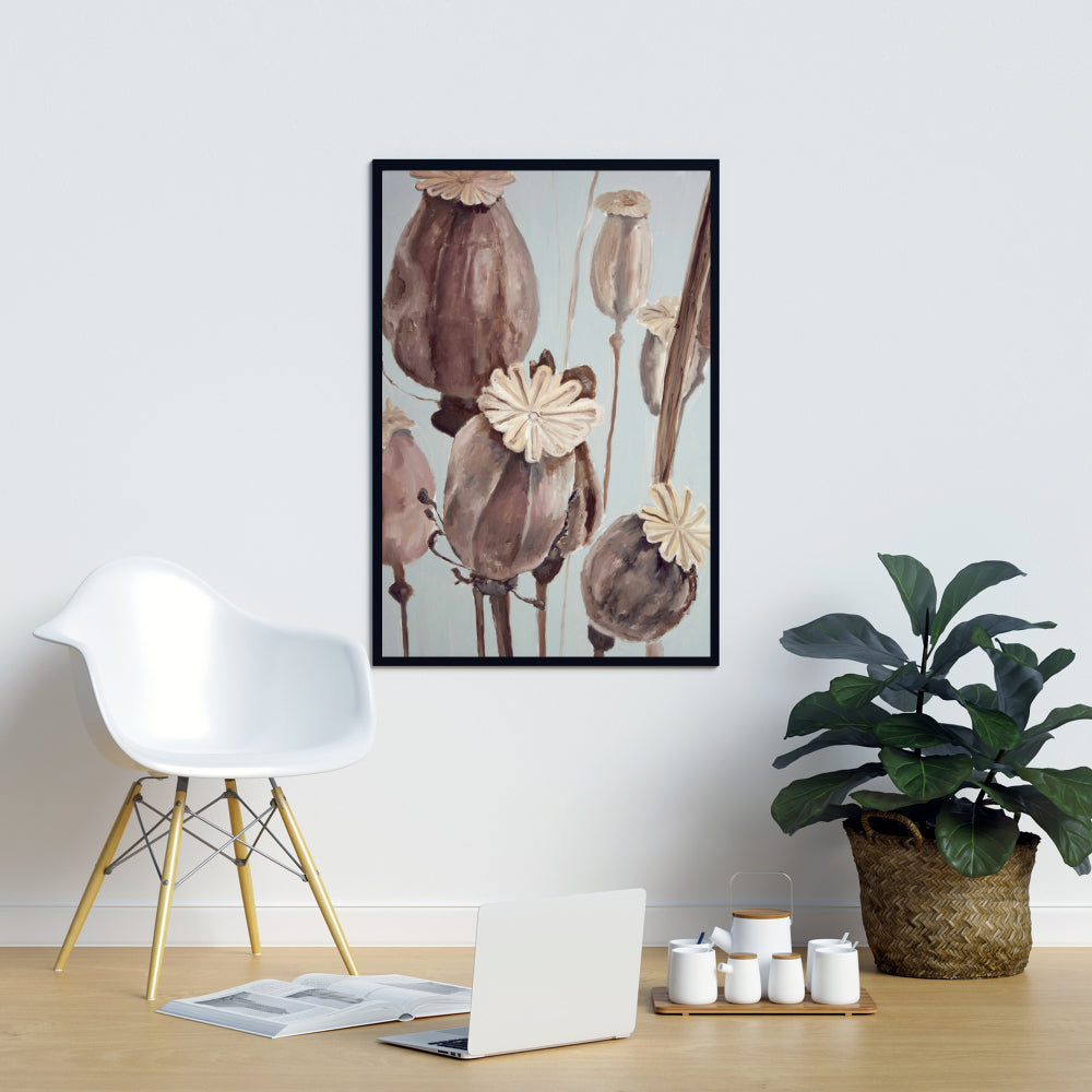 Sepia Poppy Head Flowers Canvas | Contemporary Bedroom Decor