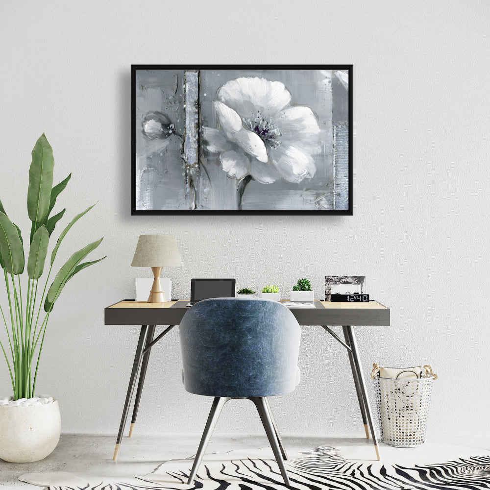 Toile botanique à fleurs grises et blanches | Cadre blanc pour décoration d'intérieur