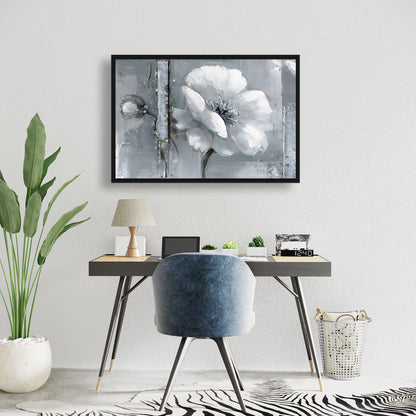 Toile botanique à fleurs grises et blanches | Cadre blanc pour décoration d'intérieur