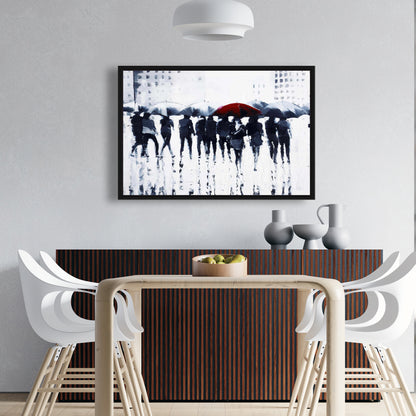 Silhouettes Walking in Rain - Blue Bedroom Framed Canvas Decor