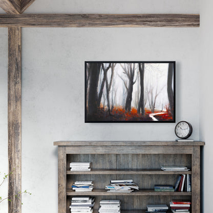 Mysterious Forest Stream Canvas | Gray Framed Trees Bedroom Decor