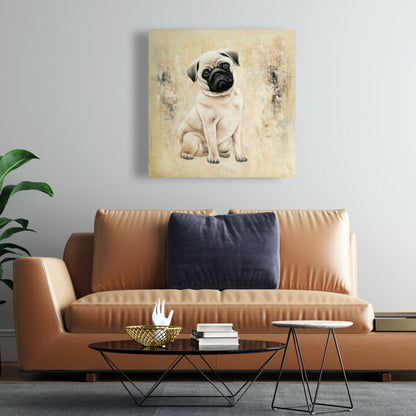 Small Pug Dog Beige Canvas | Contemporary Animal Wall Art