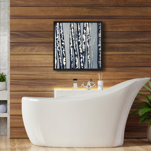 Toile abstraite « Forêt de bouleaux » avec arbres bleus | Décoration d'intérieur encadrée